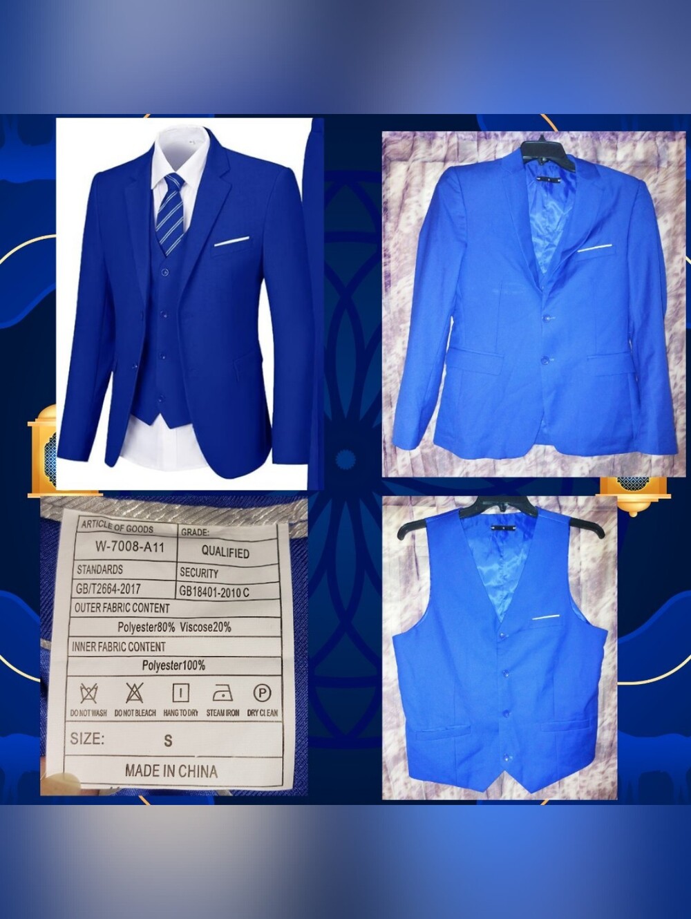 Unbranded 2Pc Set Royal Blue Classic Tailored Fit Soft Woven Blazer & Vest Sz S